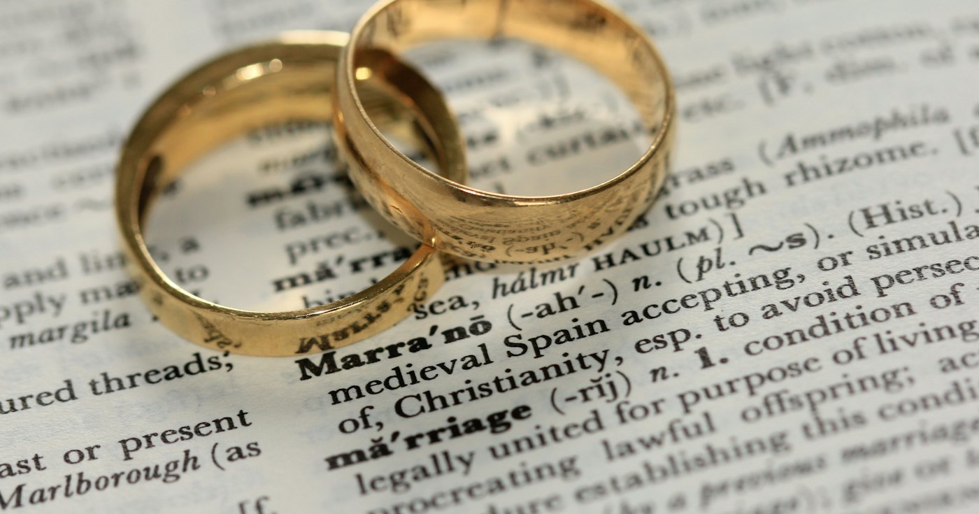 Two gold wedding rings resting on paper
