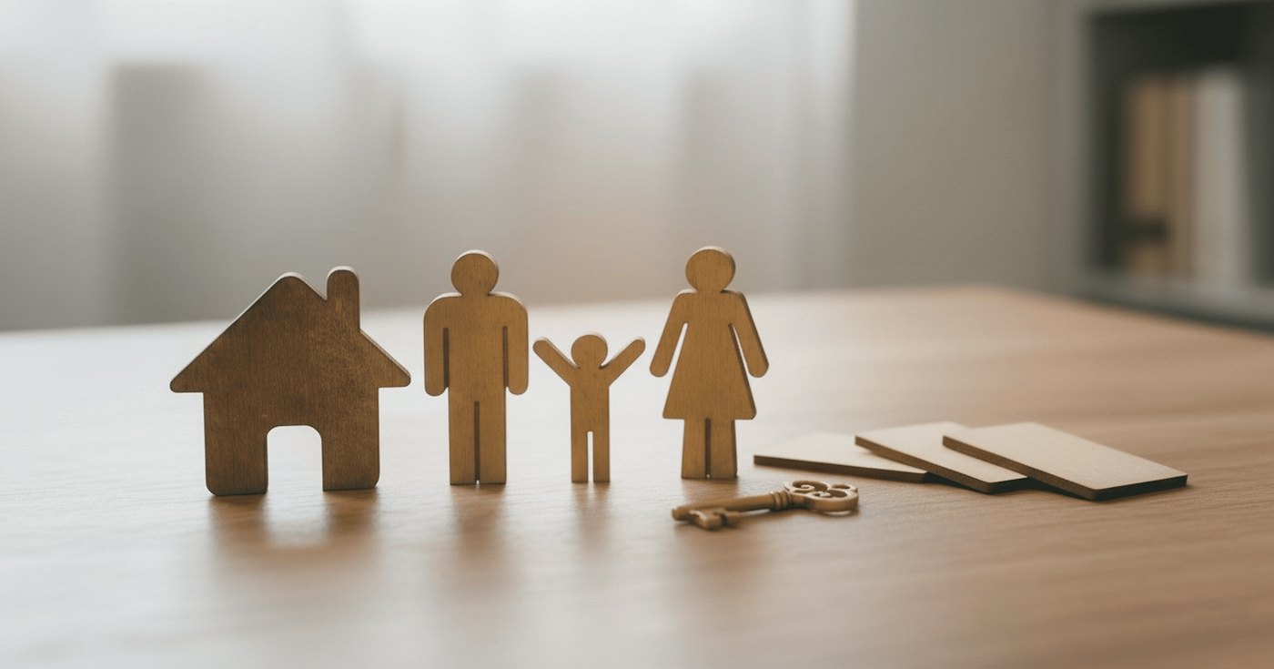 Wooden family figures next to a model house and keys