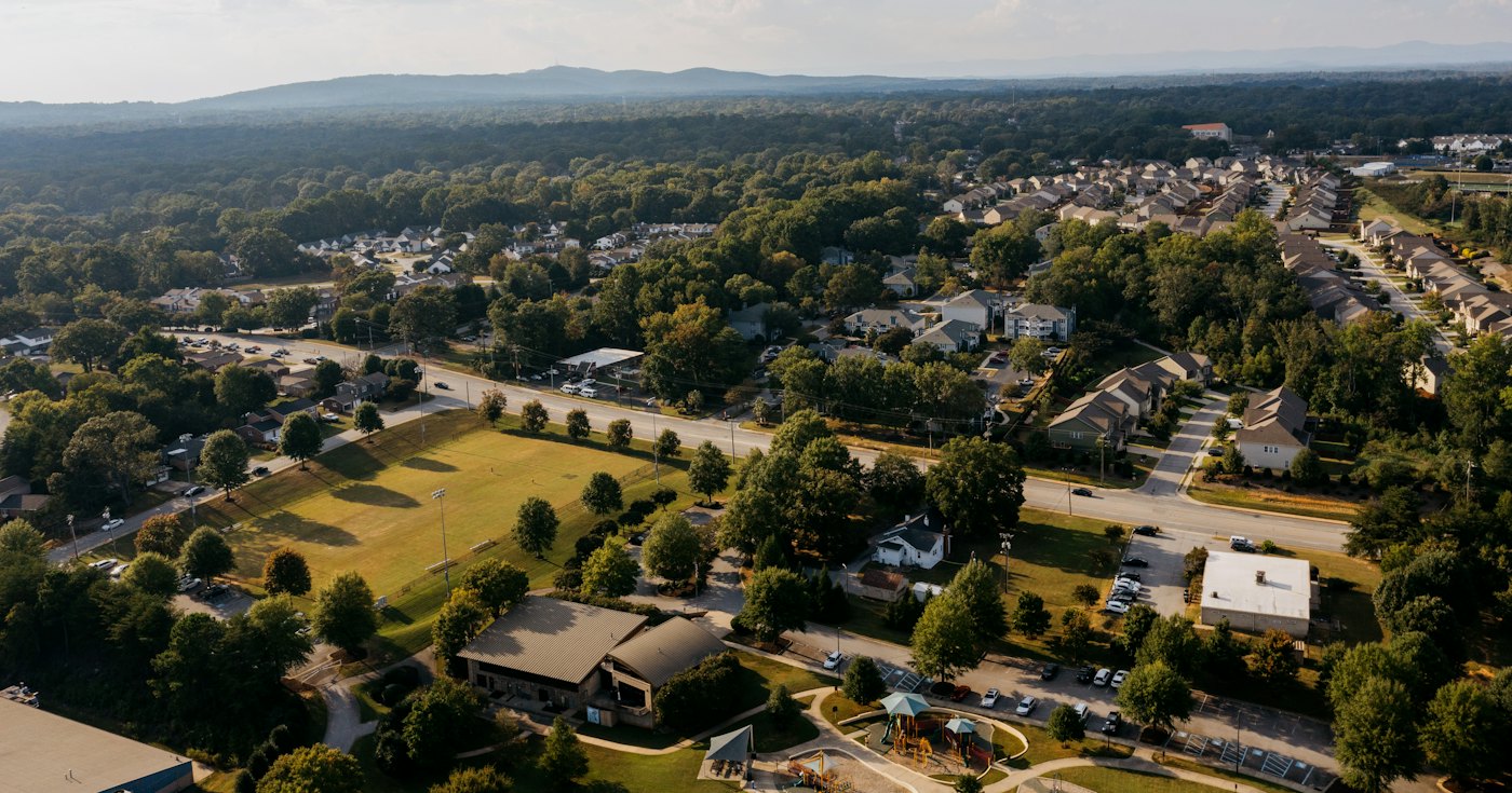 Aerial view of a suburban neighborhood