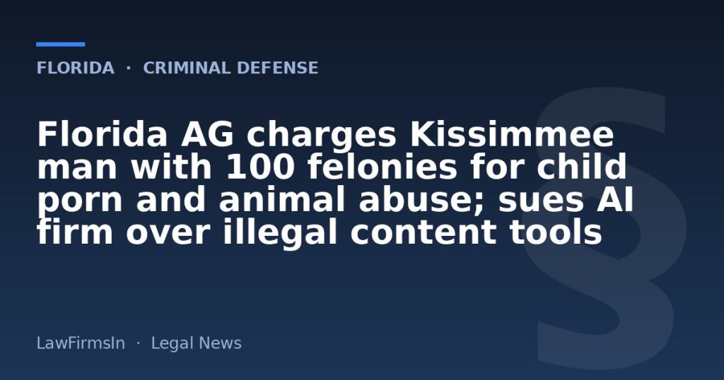 Florida AG charges Kissimmee man with 100 felonies for child porn and animal abuse; sues AI firm over illegal content tools